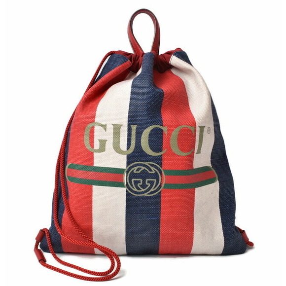 Gucci Handbags - Gucci Drawstring Backpack Striped Leather Logo Tricolor Red Blue White